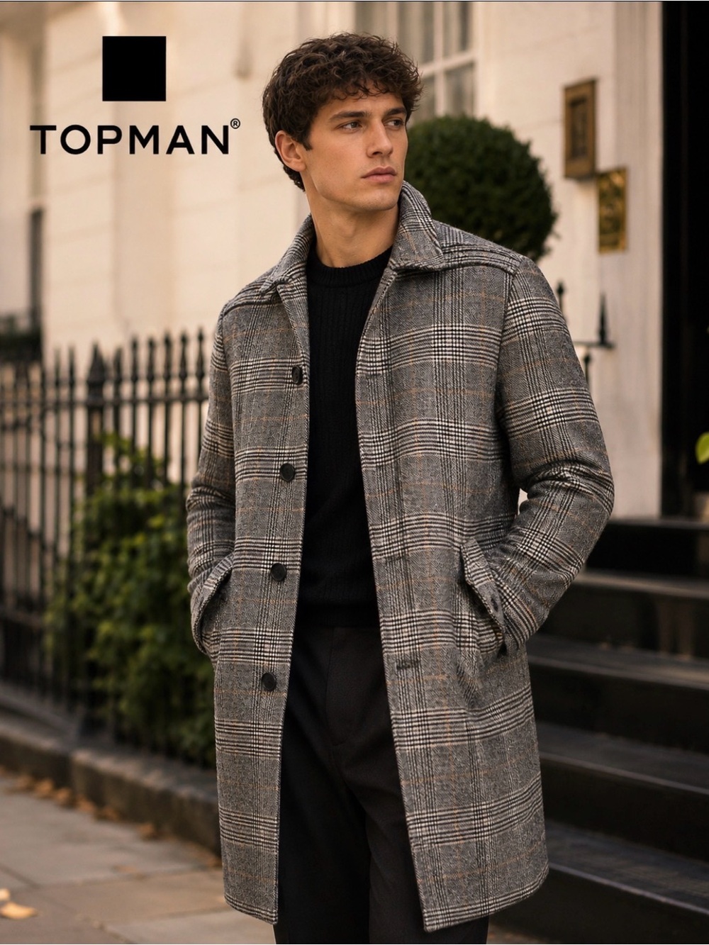 TOPMAN Wool Blend Plaid Overcoat w/ Leather Trim – Size Small